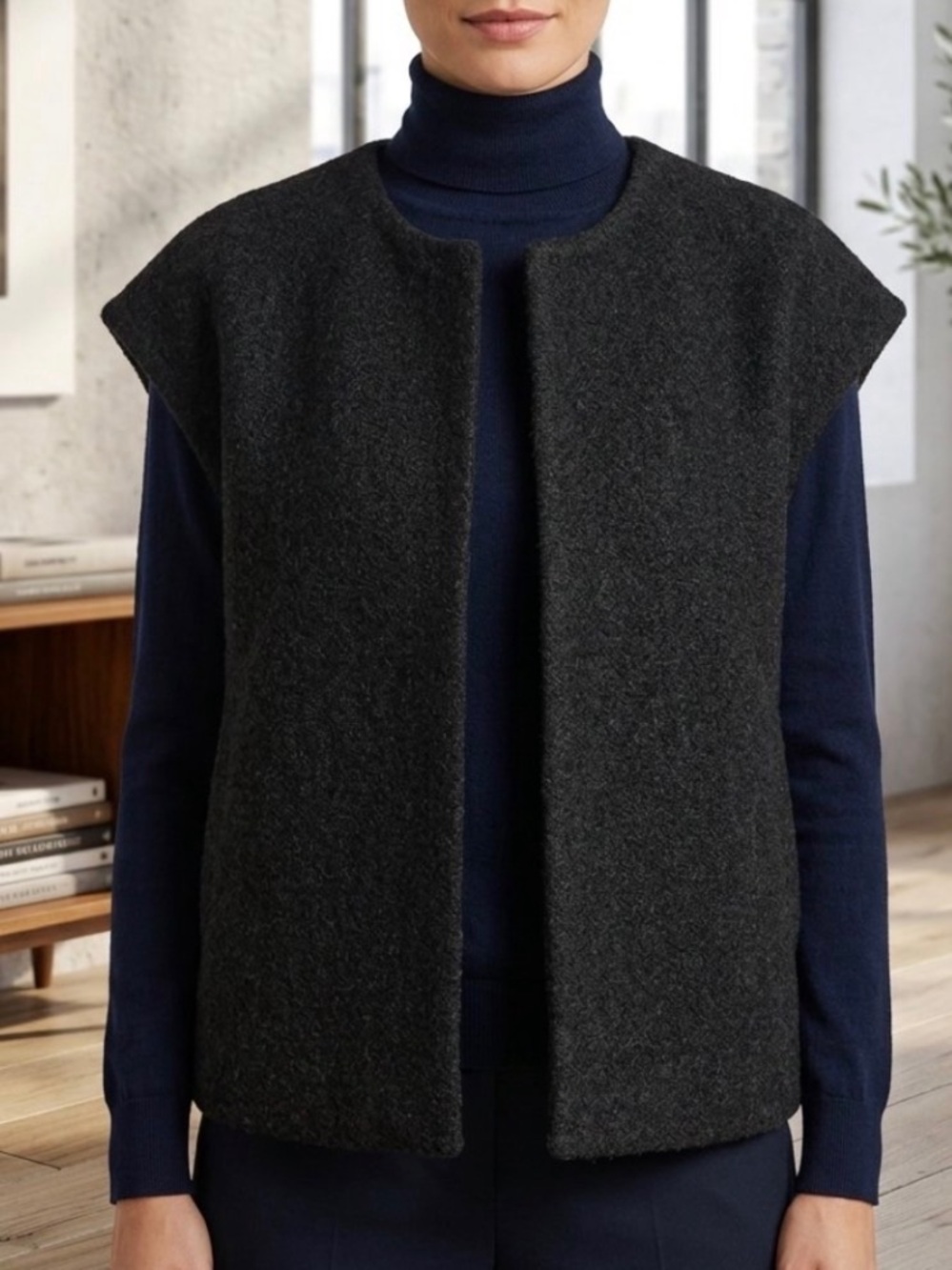 Sleeveless Open-Front Vest in Charcoal